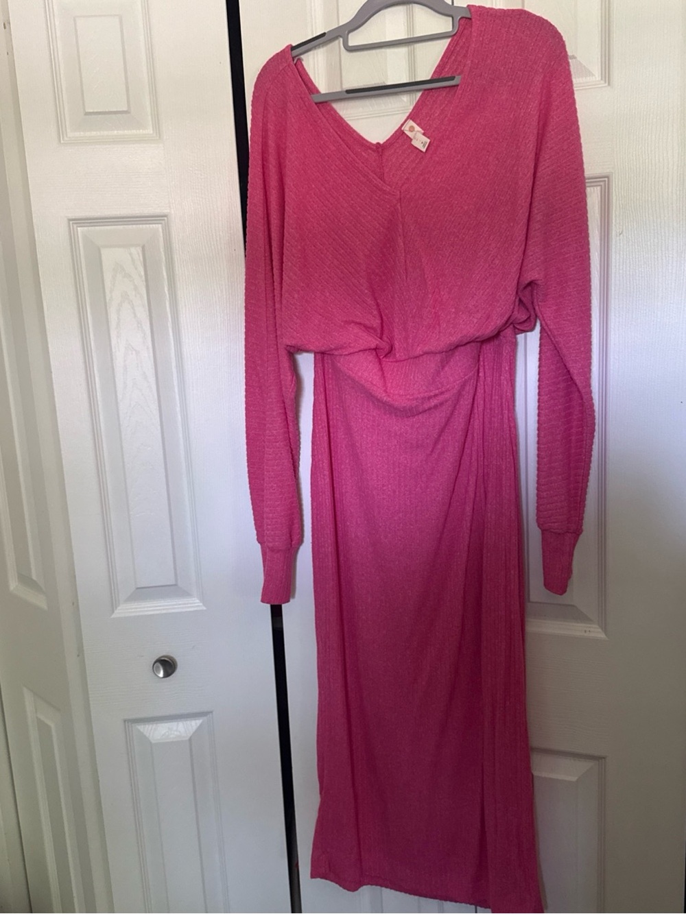 Pink Long Sleeve sweater dress V-Neck Maxi Dress